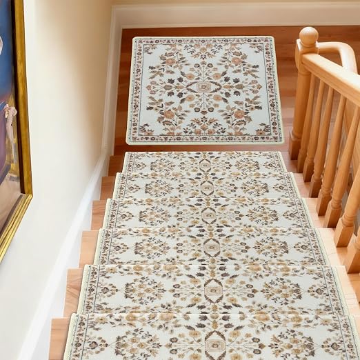 RORA Stair Treads Landing Mat, 30x30 Stair Landing Rug for Indoor | Non-Slip, Washable, For Wooden Steps, Floral Design, Stair Rugs Mat for Pets, Brown