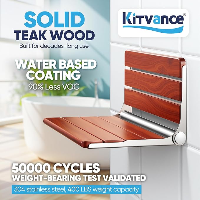 Upgraded 18" ADA Compliant Folding Teak Shower Seat Wall Mounted-Teak Folding Shower Bench, Folding Shower Seat for Inside Shower, Teak Foldable Shower Chair, Fold Down Shower Seat, Max Load 400lbs