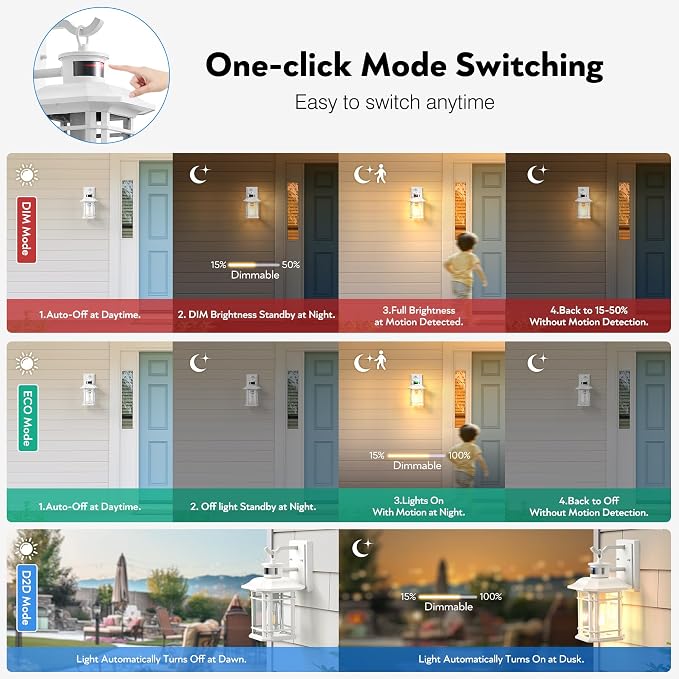 VIANIS Outdoor Motion Lights for House, 2-Pack Dusk to Dawn Outdoor Lanterns for Front Porch Waterproof, Anti-Rust Aluminum Exterior Wall Sconce with Tempered Water Glass for Garage Entrance Entryway