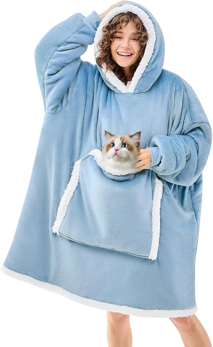 JOYWOO Wearable Blanket Hoodie,Oversized Cat Lovers Sweatshirt Blanket for Adult, Birthday Gifts for Women,Mom,Friend,Cozy Sherpa Hooded Blanket with Giant Pocket and Winter Gifts,Denim blue Standard