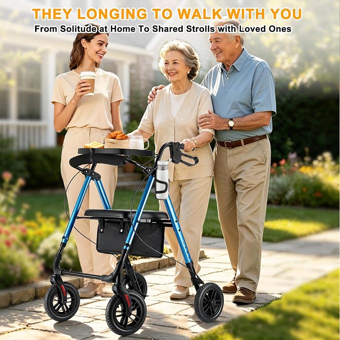 Foldable Rollator Walker for Seniors with Seat,4 Wheel Rolling Walkers | 300lbs walker with tray for Adults & Mobility Impaired|8" Airless Tires|Anti-tip brakes|Adjustable height|Tool-Free Assembly