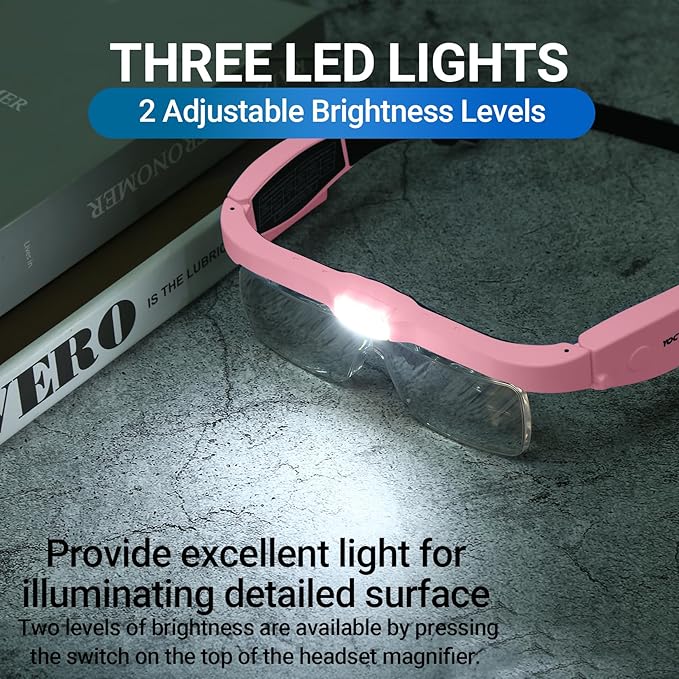 YOCTOSUN Magnifying Glasses with 3 LED Lights, Storage Case, Head Strap and 5 Detachable Lenses 0.75X,1.25X,2.0X,3.0X 4.0X, Magnifying Headset for Close Work, Jewelry, Hobby