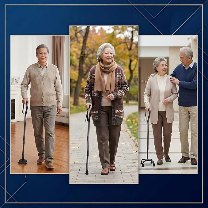 PARLORA Walking Cane 4 Prong for Stability - 3-in-1 Foldable Heavy Duty Cane with Interchangeable Quad & Single Bases, 8 Adjustable Heights, Offset Handle & Wrist Strap for Women, Men & Seniors