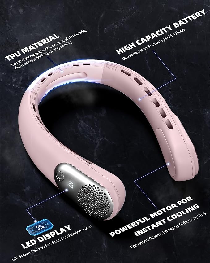 Neck Fan, Portable 4000 mAh Battery Operated Personal Fan with LED Display, 3 Wind Speed, Fast Cooling, Fast Cooling,USB Rechargeable Fan for Women Outdoor Pink