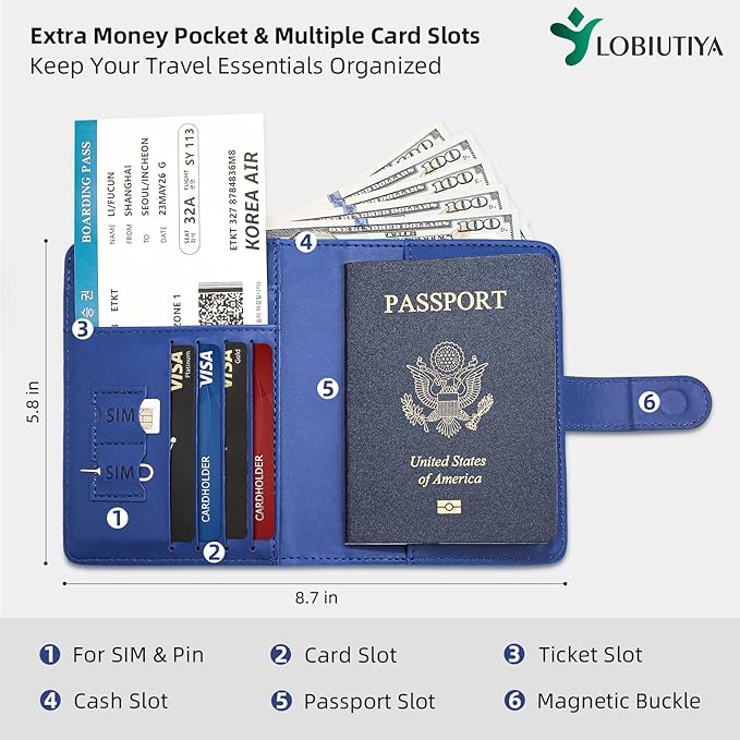Passport Holder For Travel with Slot for AirTag & Luggage Tag Cover – RFID Blocking Travel Passport Wallet for Women/Men/Family | PU Leather Passport Case with Extra Money Pocket, Blue