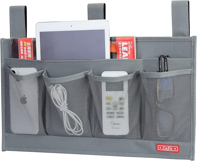 Zafit Hanging Bedside Caddy, Bedside Storage Organizer for Magazine, Phone, Remote control (6 Pockets-Grey)