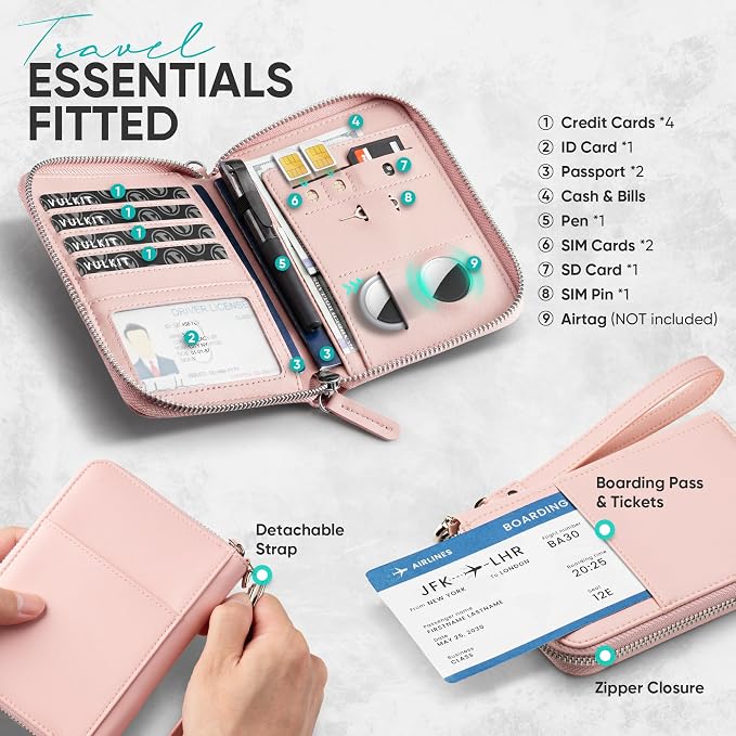 VULKIT Passport Holder for Travel with Airtag Slot RFID Blocking | Premium Nappa Leather Zipper Closure with Wrist Strap Travel Document Organizer for Passport Tickets Cash Cards Sim Cards