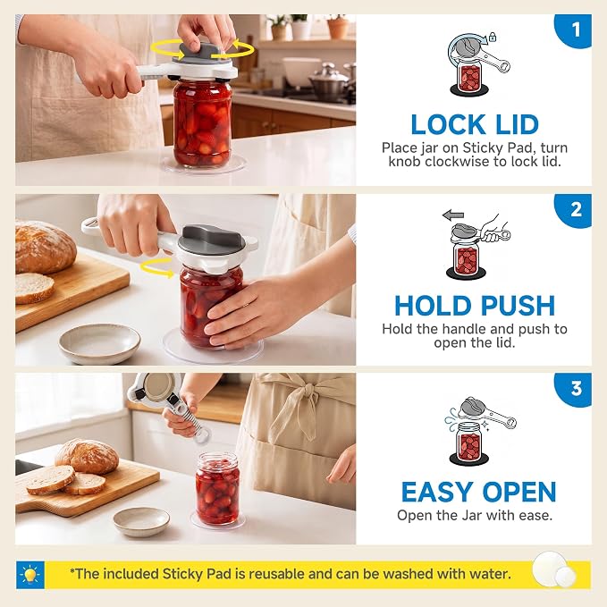 2026 Upgraded 4-in-1 Jar Opener - Adjustable Stainless Steel Lid Remover for Seniors & Arthritis Sufferers, Fits Kitchen Jars, Bottles & Cans Grey
