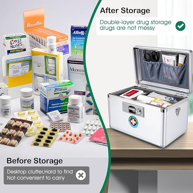 Medicine Lock Box with Key, 12.2" Aluminum First Aid Storage Case, Silver | Secure key lock box for medication. Features 1.25kg lightweight aluminum frame and 11.2" divided tray for home safety.