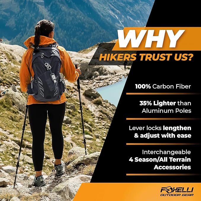 Foxelli Carbon Fiber Trekking Poles – Lightweight Collapsible Hiking Poles with Cork Grips, Quick Flip Locks & All-Terrain Accessories – Adjustable Height Hiking Sticks for Men & Women