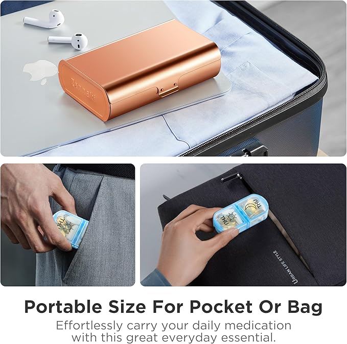 Zannaki Metal XL Weekly Pill Organizer 2 Times a Day, Large Travel Daily Pill Box 7 Day, Portable Week Twice Pill Holder Container, AM PM Pill Case for Medicine Vitamin Medication Supplement, Gold