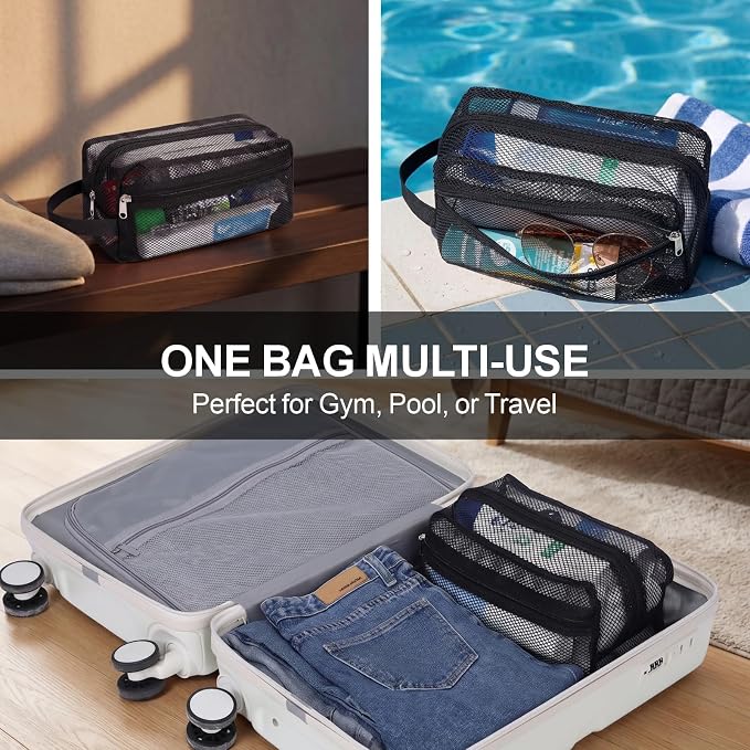 Mesh Shower Caddy Portable with Zipper - Toiletry Shower Bag for travel Gym | 2 Pockets, Quick-Dry Mesh, S-Hook, Small Hanging Shower Caddy for Toiletry Essentials, Bathroom & Camping, Black