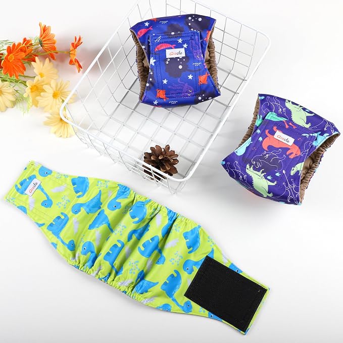 5 Pack Dog Diapers Male Reusable, Premium Belly Bands for Dogs, High Absorbing Male Dog Pee Wraps for Doggie in Incontinence or Excitable Urination Dinosaur S