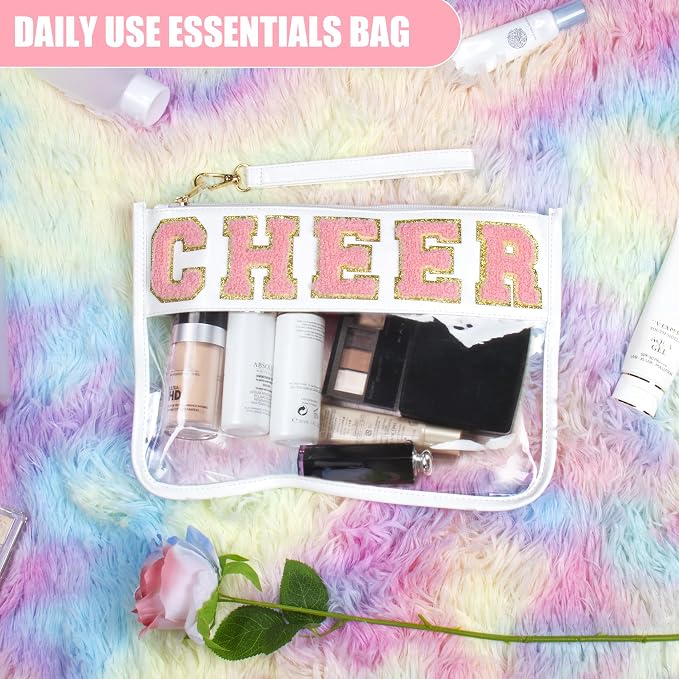 BuyCard Cheer Chenille Letter Bags Clear Makeup Bag, Cheerleader Gifts Cosmetic Bag, Varsity Preppy Patch Flat Pouch Cheer Accessories, Waterproof PVC Organizer Toiletry Bag for Women Girls White