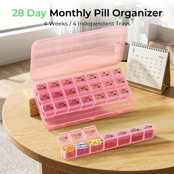 Daviky Monthly Pill Organizer 28 Day, 4 Week Pill Box with Removable Weekly Trays, Large BPA-Free Pill Organizer for Vitamins, Supplements and Medication, Travel Pill Case with Storage Box, Pink