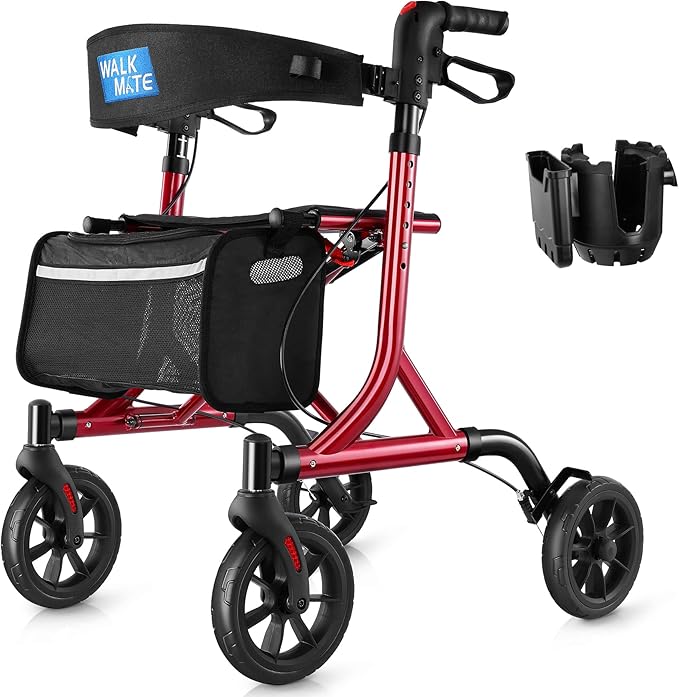 WALK MATE Rollator Walker for Seniors with Cup Holder, Upgraded Thumb Press Button for Height Adjustment, 4 x 8 Wheels Walker with Seat Padded Backrest Folding Lightweight Walking Aid, Red