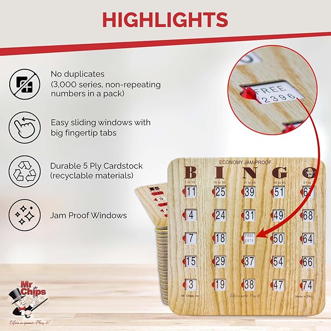 MR CHIPS Jam-Proof Fingertip Slide Bingo Cards with Sliding Windows 25 Pack in Tan Style