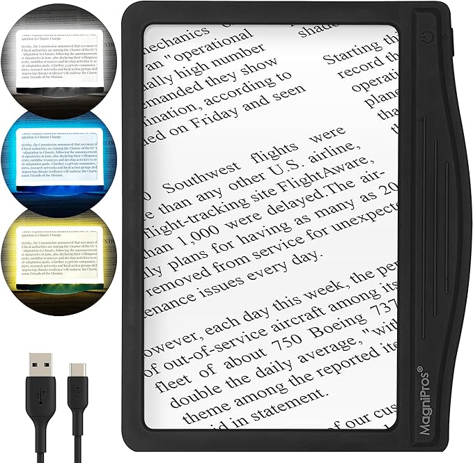 MagniPros 5X Rechargeable Large Ultra Bright LED Page Magnifier with Anti-Glare Lens & 3 Color Dimmable Light Modes, Relieve Eye Strain- Ideal for Reading Small Prints, Low Vision, Seniors