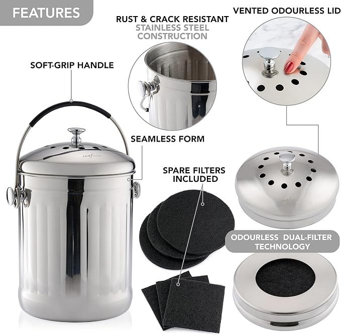 Premium Compost Bin for Kitchen Countertop - Stainless Steel Food Waste Bucket with Innovative Dual Filter Technology - Includes Spare Filters (Brilliant Steel, 1.3 Gallon)