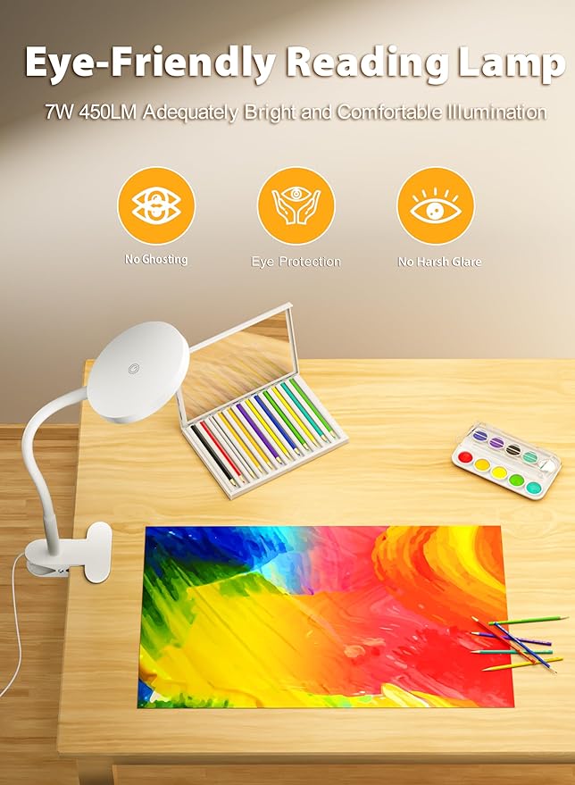 deeloop LED Clip on Light,100% Infinite Dimmable Reading Book Lights in Bed Headboard, 450LM Touch Control Desk Lamp with Clamp, Eye-Care 3 Color Temperature Flexible Rotation for Bedside Night Light