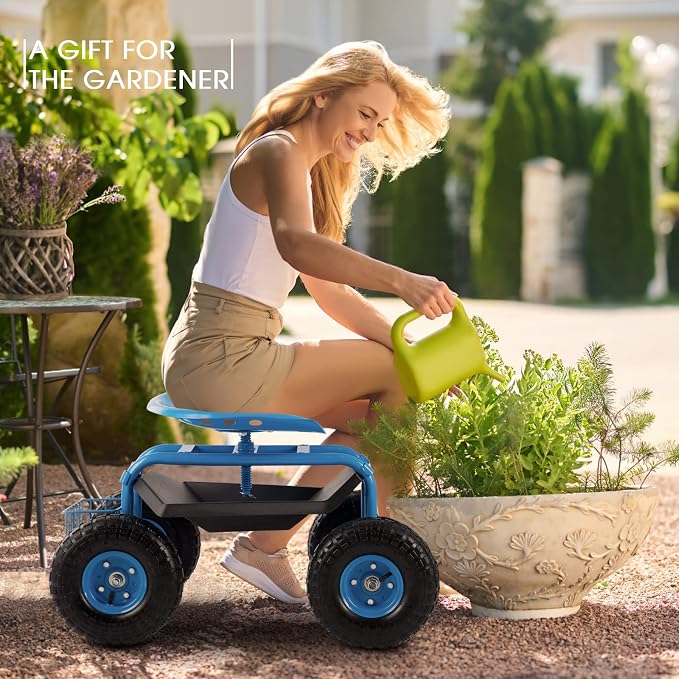 Rolling Garden Cart with Workseat - Heavy Duty Scooter with Handle and Storage Gardening Stool, 360 Degree Swivel Seat for Seniors Garden Cart on Wheel,Blue