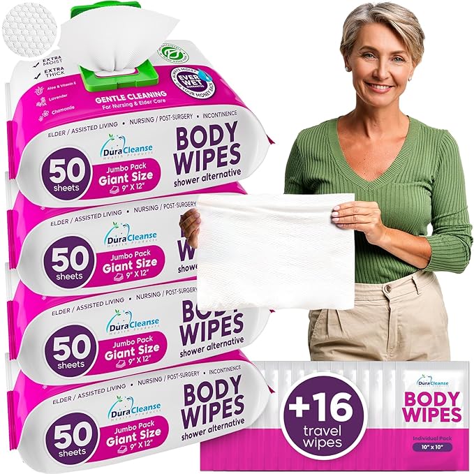 XL Body Wash Wipes for Adults Bathing No Rinse & Elderly Incontinence (4pk) - 200 Ct. + 16 Travel Bath Wipes - 9"x12" Disposable Washcloths for Adult Surgery Recovery Supplies & Elder Care Products