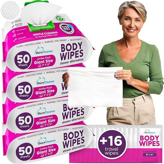 XL Body Wash Wipes for Adults Bathing No Rinse & Elderly Incontinence (4pk) - 200 Ct. + 16 Travel Bath Wipes - 9"x12" Disposable Washcloths for Adult Surgery Recovery Supplies & Elder Care Products