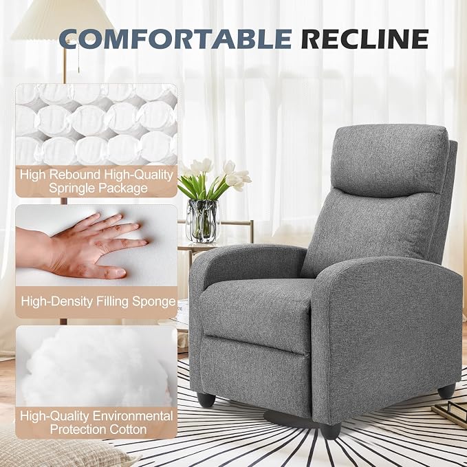 Sweetcrispy Massage Recliner Chair for Adults, Adjustable Home Theater Seating with Lumbar Support for Living Room, Modern Fabric Reclining for Small Space, Grey