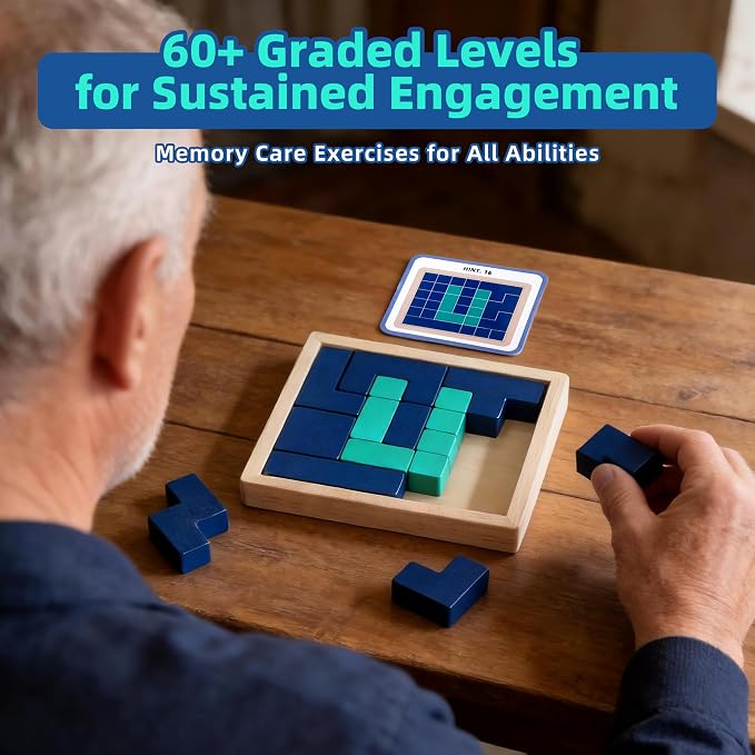 Wooden Puzzle, Memory Care Dementia & Alzheimer’s Seniors w/Storage Tray | 60 Graded Cognitive Support Levels, Easy-Grasp Wood Blocks, Multi-Use Sensory Fidget Tray for Home & Facility Memory Care