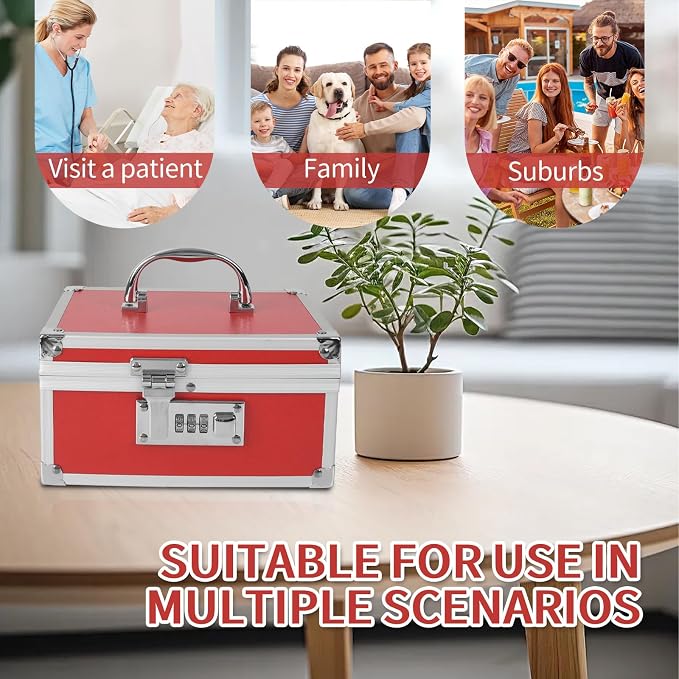 Medication Lock Box Aluminium Alloy Combination Lock for Home and Travel Medicine Lock Box,First Aid Safe Medication Storage Box,7.66''x 5.12''x 4.13'' (Red)