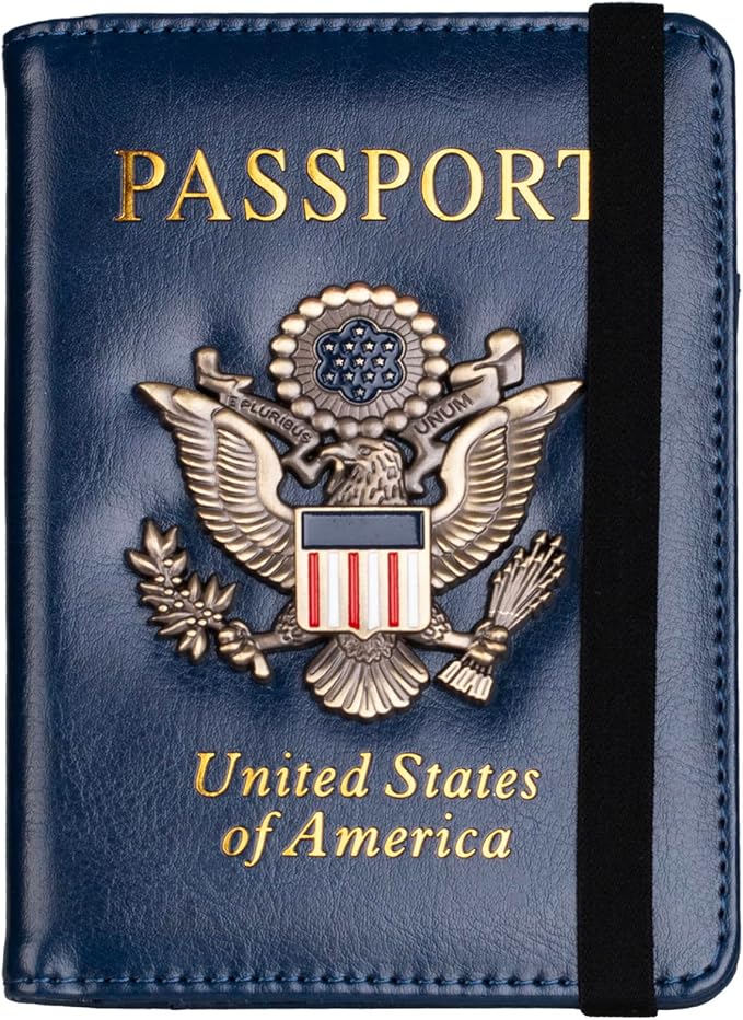 TOURSUIT RFID Blocking Passport Holder, Leather Travel Wallet, Dark Blue | Travel Document Holder Cover Accessories, 3D Metal Badge, For Women Men