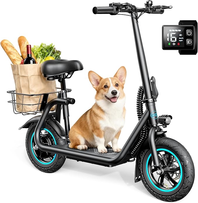 C1 Electric Scooter with Seat for Adults, 450W Powerful Motor, 20 Mile Long Range, 16 Mph Foldable Commuter E-Scooter with Basket for Daily Commute, Grocery,or Pet Travel–Professional Black
