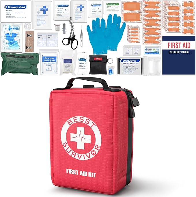 Besst Survivor Premium First Aid Kit with Labelled Compartments, Waterproof & Organized Molle Medical Kit for Home, Car, Hiking, Camping, Travel & Roadside Emergencies and Everyday Safety