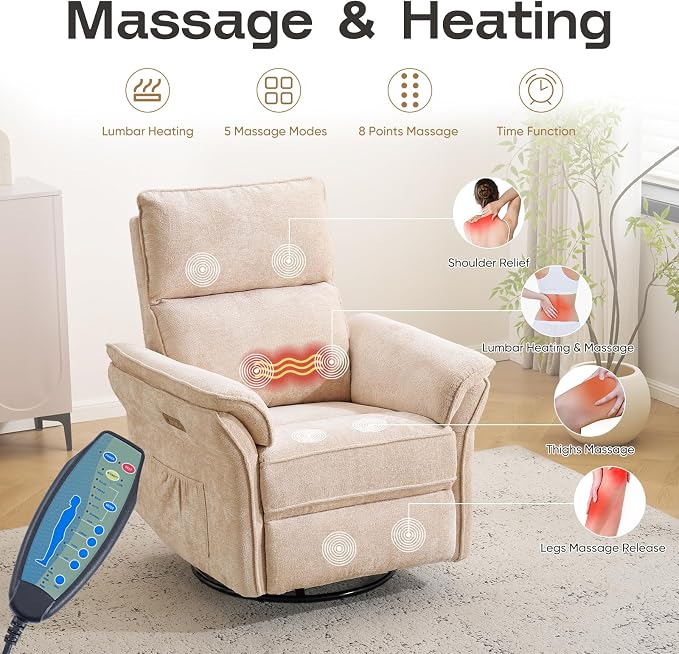 Power Nursery Recliner with Auto Rocking,Oversized Swivel Rocker Recliner with Massage and Heat,Glider Recliner Nursery Chair with Adjustable Headrest for Living Room and Bedroom,Beige