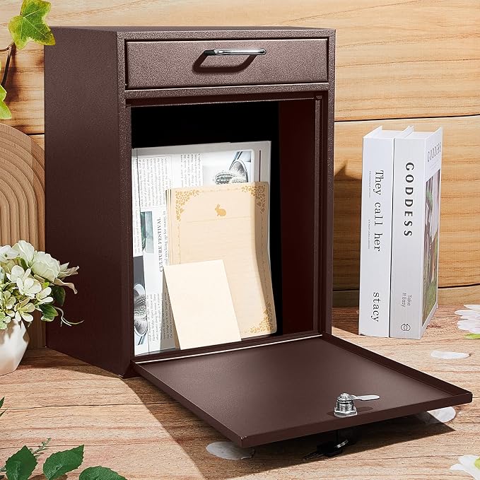 Yaocom Locking Mailbox with Key for Outdoor 18 x 15 x 7 Inches Large Wall Mount Mail Box with Lock Security Mail Drop Metal Collection Boxes Hanging Secure Postbox (Brown)