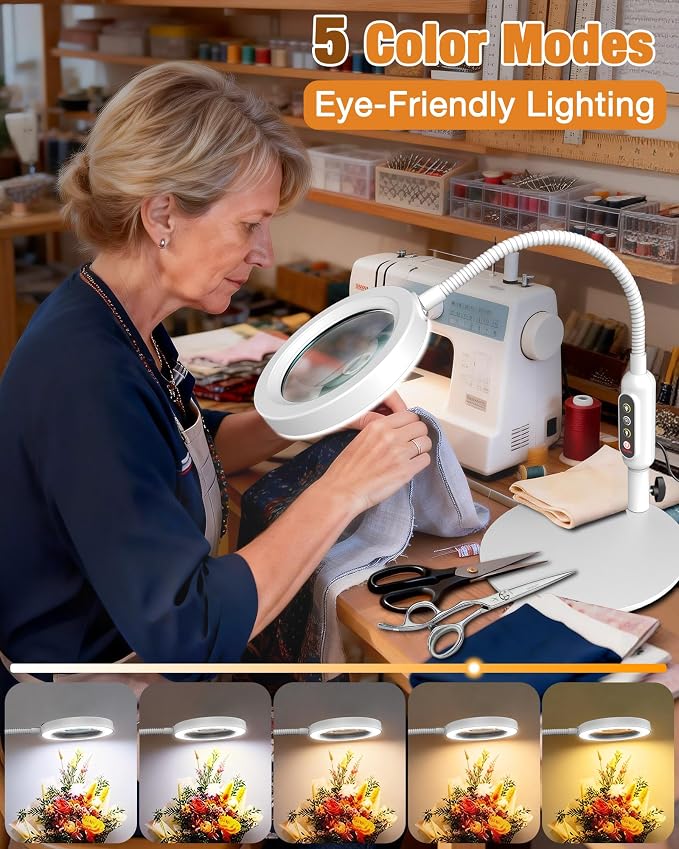 30X 10X Magnifying Glass with Light and Stand, 5 Color Modes Stepless Dimmable, Optical Grade HD Lens, LED Lighted Magnifier Hands Free with 16in Flexible Gooseneck for Close Work - White