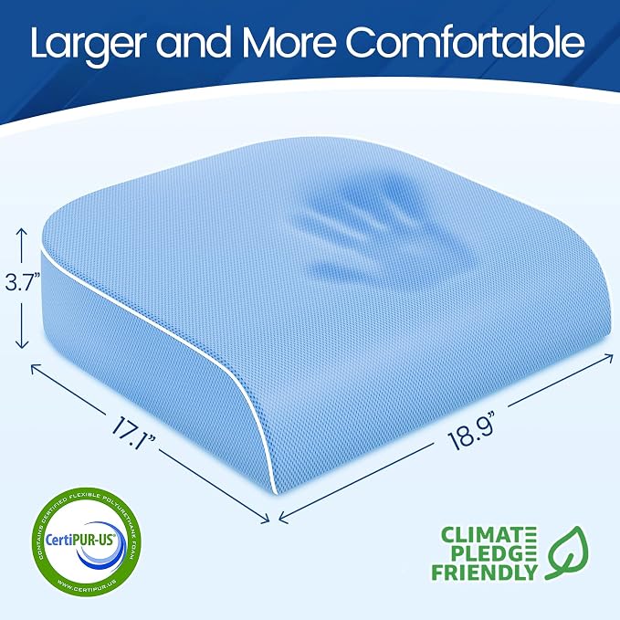SweetSlubr Seat Cushion for Tailbone Pain Relief, Office Chair Cushion, Memory Foam Large Chair Pad with Non-Slip Cover for Soft Support at Office Chair, Car Seat, Airplane Light Blue/2X-Large