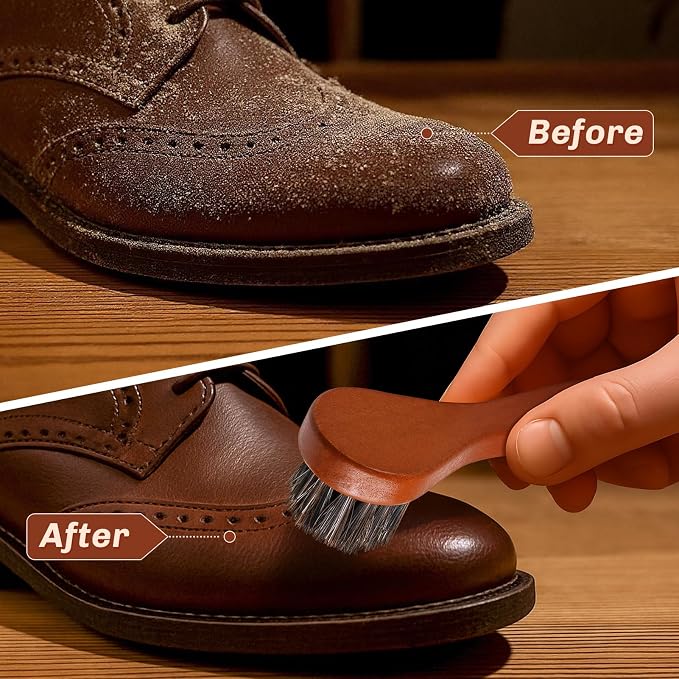 2 Pcs Horsehair Shine Shoes Brush Kit Polish Dauber Applicators Cleaning Leather Shoes Boots Care Brushes Suede Cleaner Brush(Brown Long Handle)