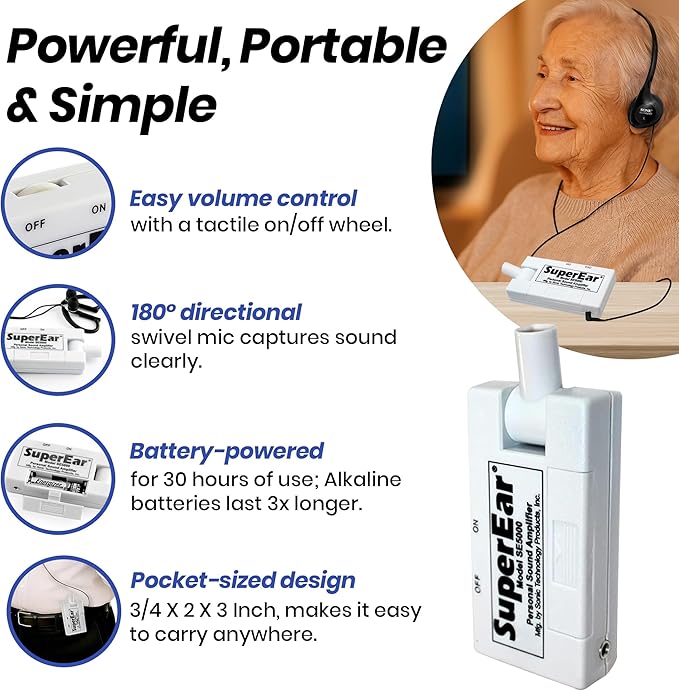 SuperEar Model SE5000 (PSAP) for Seniors - Hearing Amplifiers for Seniors, Super Ear Personal Sound Amplifier, Sound Amplifier Listening Device and Audio Accessories in 50dB Ambient Sounds Increase