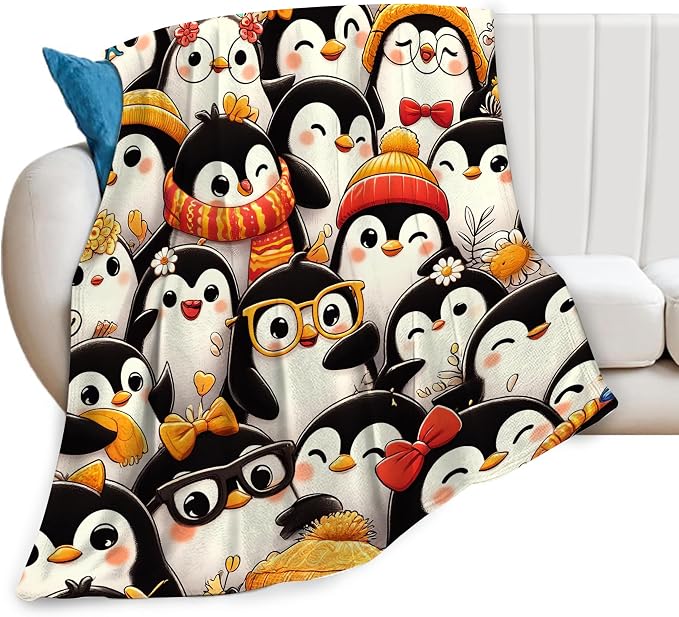 Funny Penguin Blanket Soft Warm Cute Kawaii Penguin Plush Throw Blanket Cozy Flannel Fuzzy Fleece Bedding Stuff Animal Decor Blanket Gifts for Lover Girls Boys Kids Teens Adults Women 40"x50"