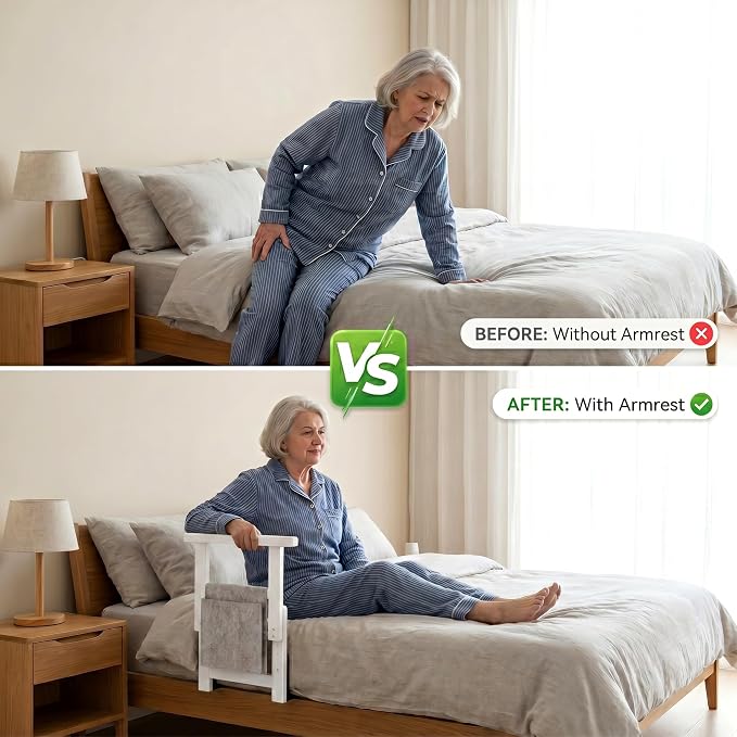 Bamboo Bed Assist Rail for Seniors Adjustable Grab Bar 300lbs White | Non-Slip Handle, Storage Pocket, Fits 4–12 inch Mattresses, Fits Twin, Full, Queen & King Beds