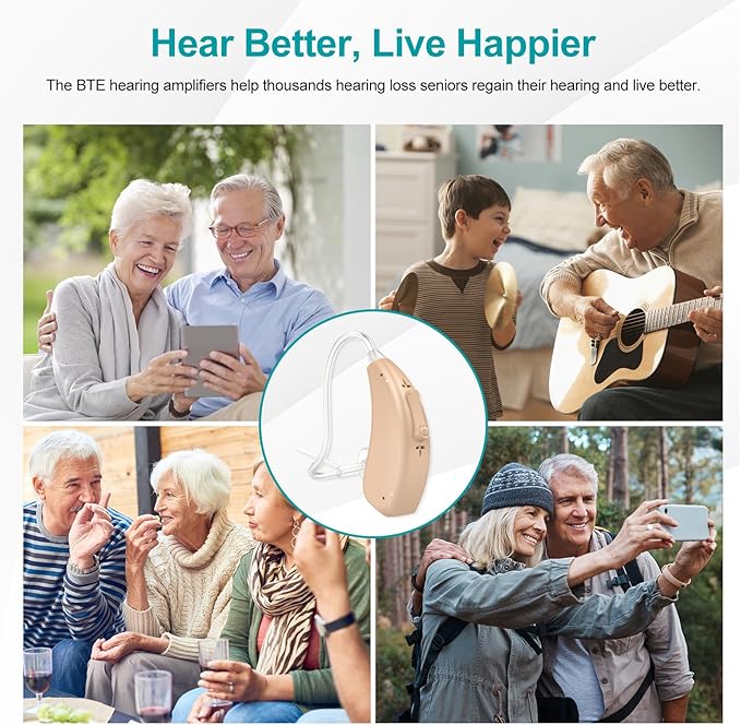 Rechargeable Hearing Aids for Seniors with Noise Reduction, BTE Hearing Aids for People with Mild Moderate Severe Hearing Loss, Dual Microphones, Comfortable Fit - Beige