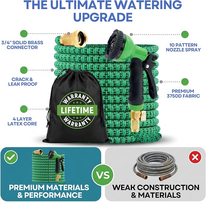 J&B XpandaHose 50ft Expandable Garden Hose, Lightweight, Brass Connectors | Ultra Strong 3750D fabric, 4-layer latex core, expands 3X, kink & leak-resistant, 10-pattern nozzle, storage bag