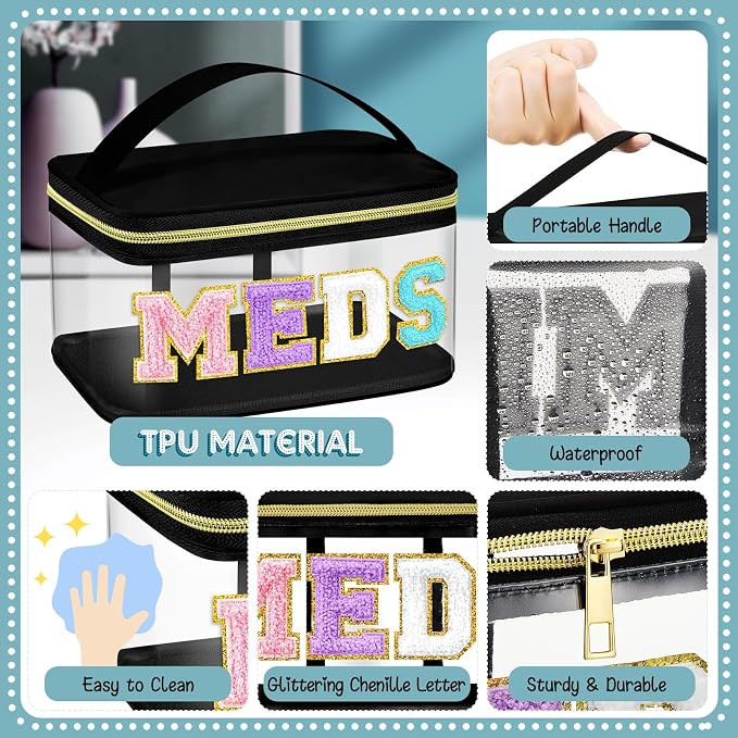 Geetery Medicine Bag Chenille Letter Patch Meds Bag Nylon Portable Travel Makeup Cases Preppy Patch with Zipper Cosmetic Toiletry Storage for Women