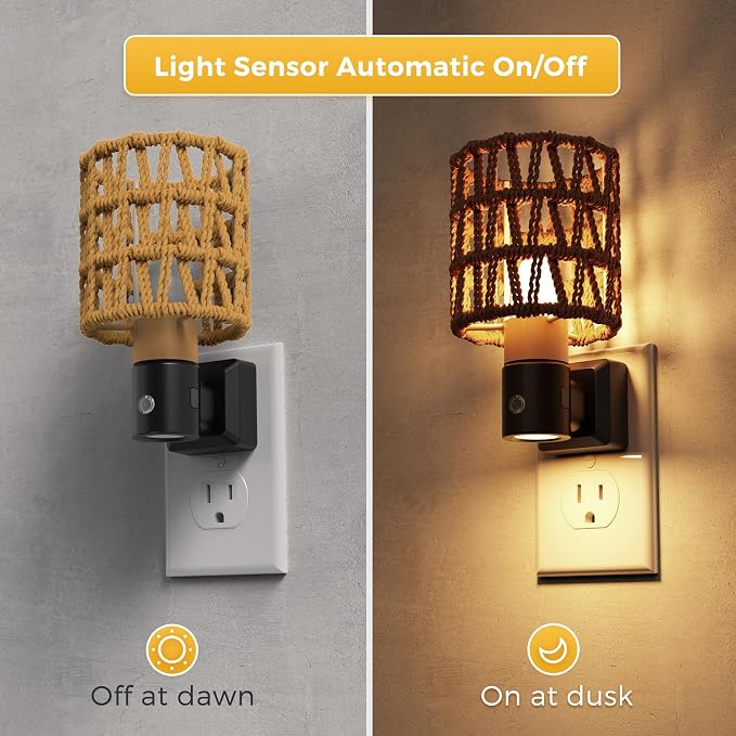 L LOHAS LED Cylindrical Ironwork Boho Lampshade Decor Night Light | 2 Pack Night Lights Plug into Wall,350°Rotatable Dusk to Dawn Sensor Vintage Nightlight for Bedroom Living Room Hallway