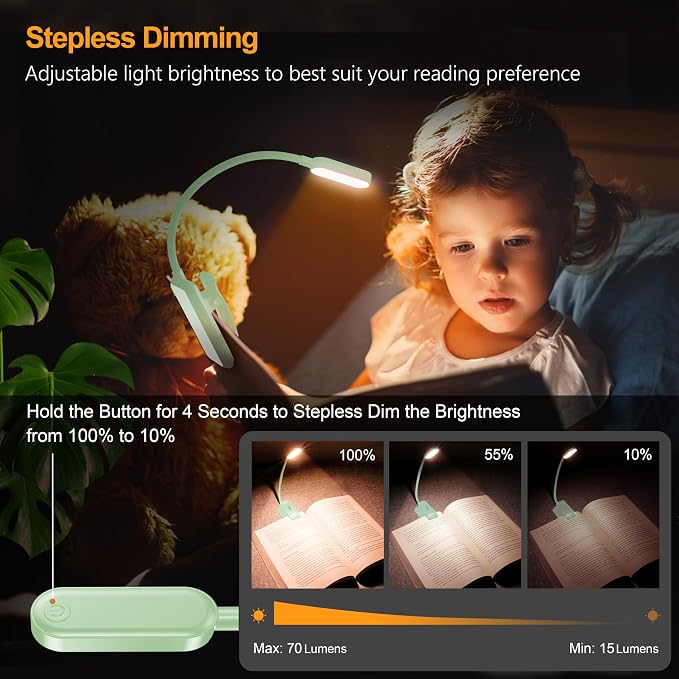 Gritin 16 LED Rechargeable Book Light for Reading in Bed | Eye Caring 3 Color Temperatures, Stepless Dimming Brightness, 80 Hrs Runtime, Lightweight Flexible Clip on Light-Cyan