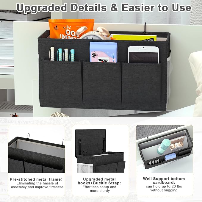 Bedside Caddy Storage Organizer for Bed Rails, Bed Caddy with 6 Pockets | Bedside Organizer with Fixed Straps and Hooks, Mattress Supported Versatile for Home, Dorm, Bunk, Hospital and Crib Bed