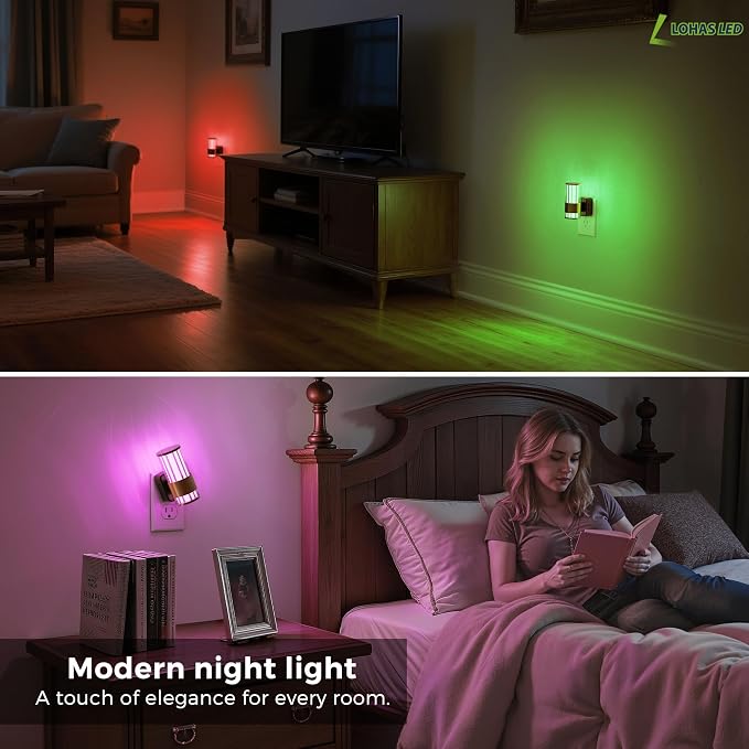 L LOHAS LED Night Light, Night Lights Plug into Wall, 2 Pack 10-Color RGB | Change Nightlights, 10/50/100LM Adjustable Automatic Nightlights Plug in with Dusk to Dawn Sensor for Room Bathroom Hallway