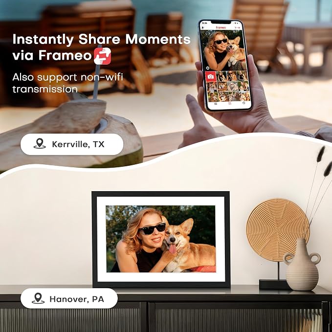 Frameo 10.1" Digital Picture Frame WiFi Wood, 1280 * 800 IPS HD Touchscreen, 32GB Storage, Instant Share Photo Video, Gifts for Mom, House Warming