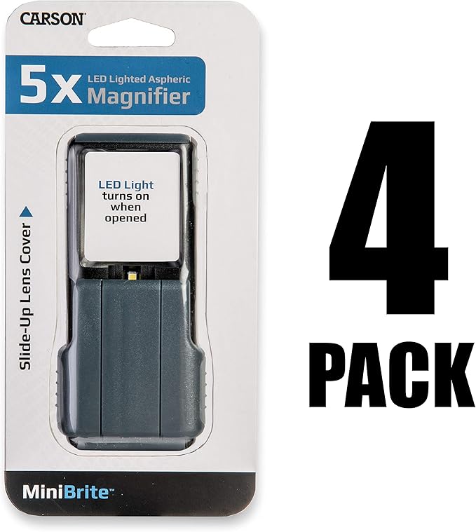 Carson 5x MiniBrite LED Lighted Slide-Out Aspheric Magnifier with Protective Sleeve - Set of 4 (PO-55MU),Gray